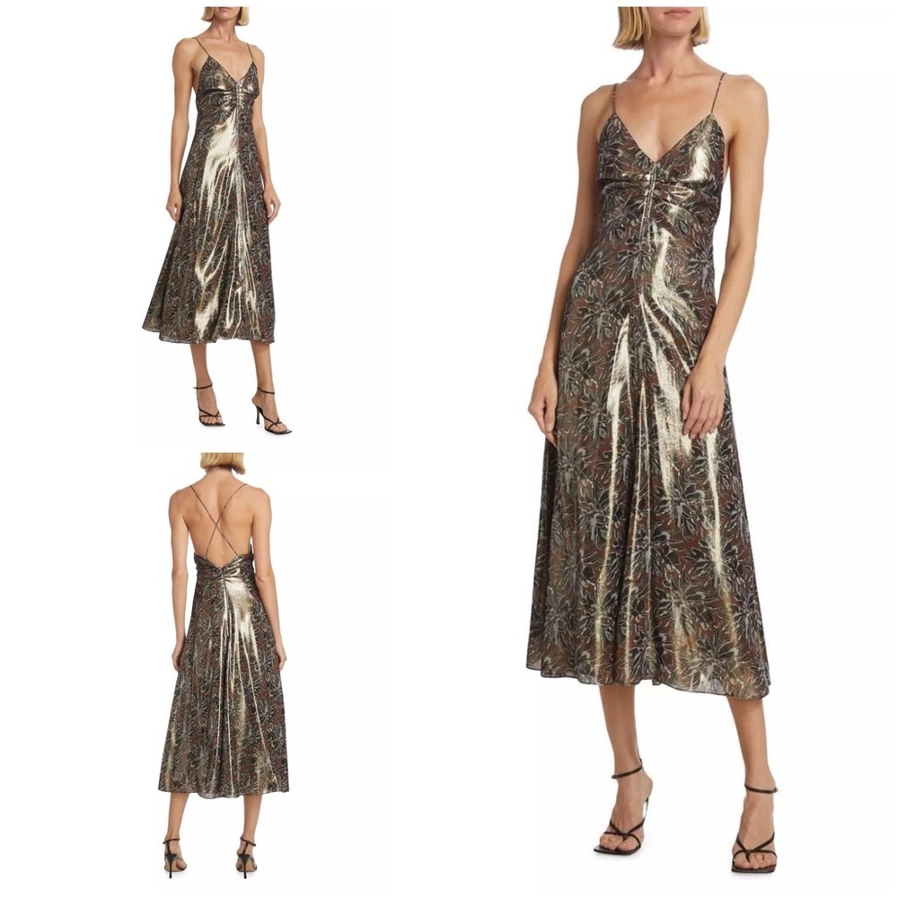 Tanya Taylor Meredith Floral Hollyflower Lurex Metallic Silk Blend Midi Dress 4